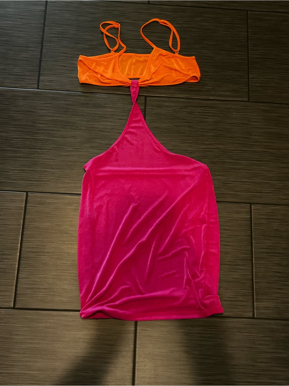 SHEIN Bright Pink and Orange Colorblock Halter Mini Dress